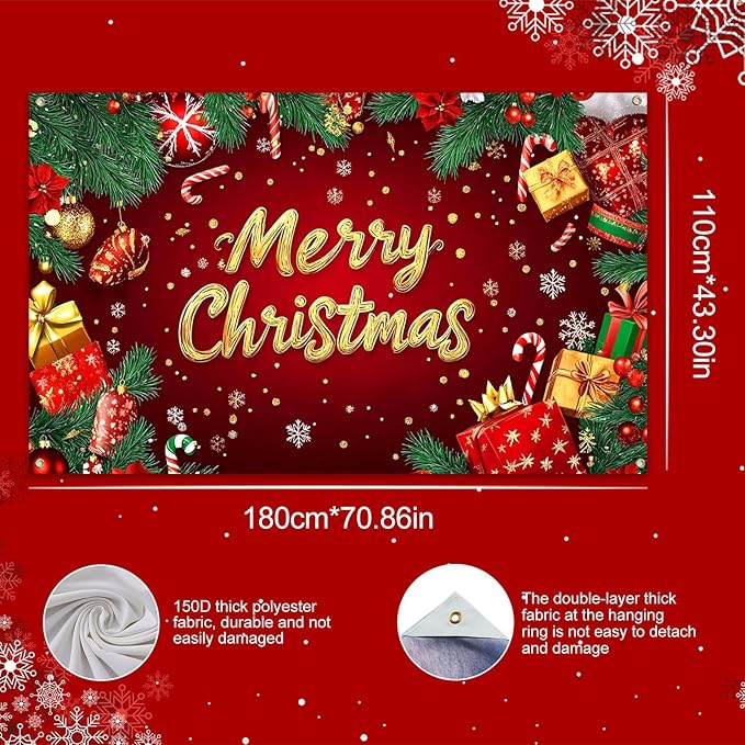 Merry Christmas Banner Red Gold Gifts Snowflakes Candy Canes 71x43 Inch Holiday Decorations for Indoor Outdoor Party Supplies Xmas Home Decor Festive Backdrop Celebration