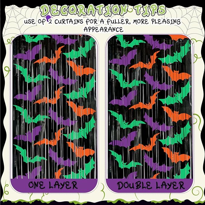 2 Packs Bat Foil Fringe Curtains - Purple Orange Green Halloween Door Streamers for Photo Backdrop, 3.3 x 6.6 ft Tinsel Curtains for Beetlejuice, Monster or Neon Glow Party Decorations