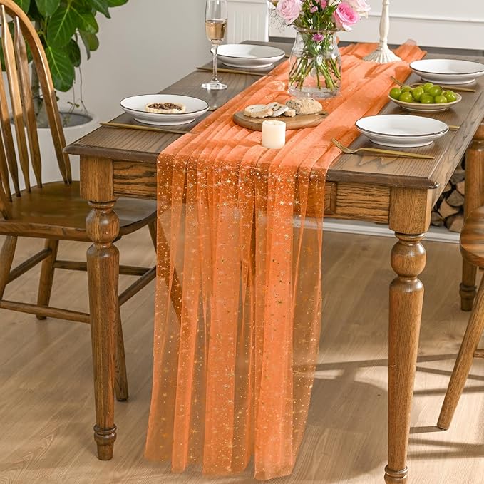Horaldaily Orange Gold Sparkling Star Gauze Tablecloth 60x60 Inch Square, Golden Star Sequin Glitter Metallic Foil, Sheer Tulle Cheesecloth for Wedding Baby Shower Party