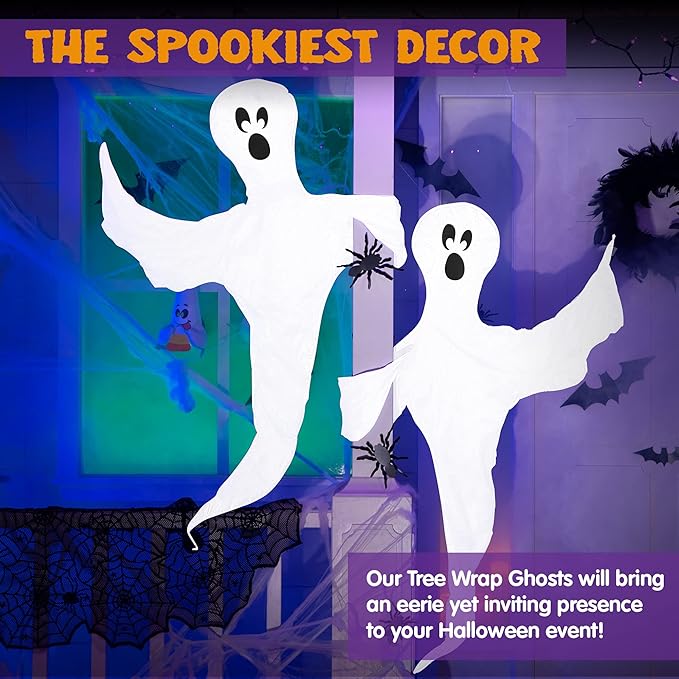 JOYIN Halloween 2 Pcs Tree Wrap Ghost Decoration Outdoor, 53” Cute Face Flying Ghost for Halloween Outdoor, Lawn, Yard, Tree, Party Supplies, Haunted House Wrap Decorations