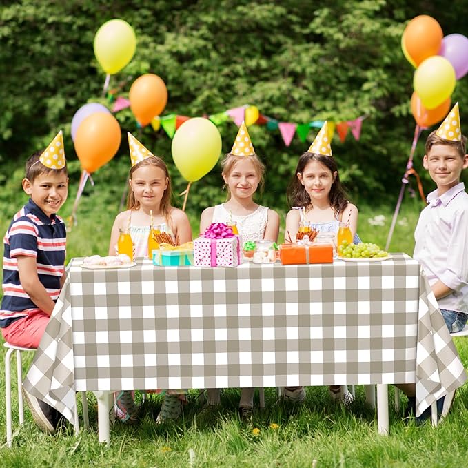 WNINK 3 Pack Brown Checkered Rectangular Plastic Tablecloths, Brown and White Gingham Waterproof Disposable Table Covers 54" x 108" for Birthday, Baby Shower, Wedding, Outdoor Picnic Parties