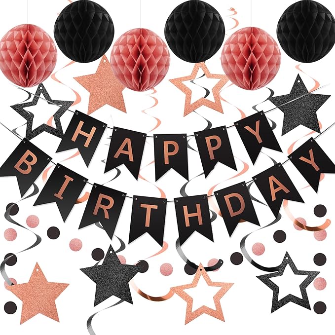 meowtastic Birthday Decorations, Happy Birthday Banner with Honeycomb Balls, Star Hanging Swirl Streamers, Circle Dot Garland, Happy Birthday Party Decoration for Women Men Boy Girls (Rose Gold&Black)