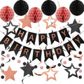 meowtastic Birthday Decorations, Happy Birthday Banner with Honeycomb Balls, Star Hanging Swirl Streamers, Circle Dot Garland, Happy Birthday Party Decoration for Women Men Boy Girls (Rose Gold&Black)