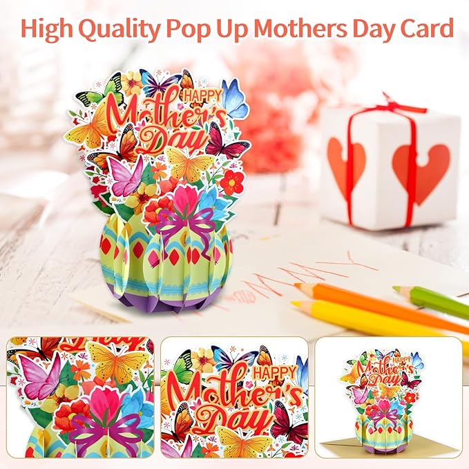 FaCraft Pop Up Mothers Day Cards - Large 7.8" Handmade Happy 3D Mothers Day Card with Butterflies & Flowers - Unique Standing Art Sculpture for Mom Grandma Wife - with Envelope