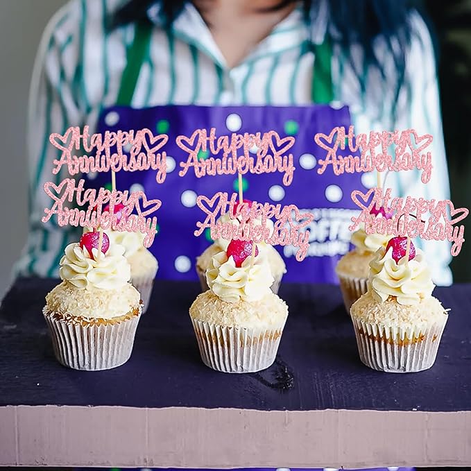 Gyufise 24Pcs Glitter Happy Anniversary Cupcake Toppers Anniversary Party Supplies Cake Decoration Wedding Celebration Party Decoration Supplies Pink
