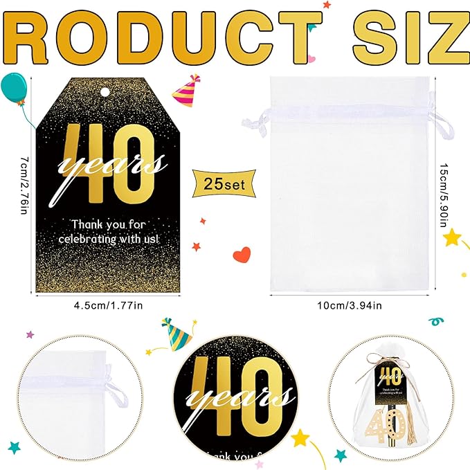 Spakon 25 Set 40th Birthday Party Favor for Guest Anniversary Party Favor Golden Birthday Bookmark Thanks for Coming Pen with Tag Appreciation Gifts for Women Men Wedding New Year