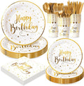 White and Gold Happy Birthday Party Plates Set, 168PCS Stars Dots Paper Plates Napkins Cups and Gold Cutlery Set, 24 Set Disposable Tableware Set for Birthday Party Decorations