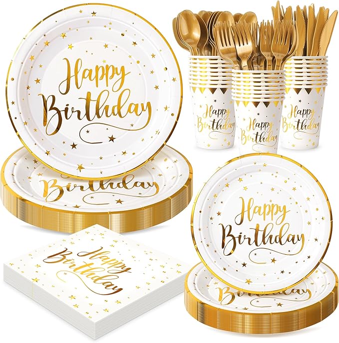 White and Gold Happy Birthday Party Plates Set, 168PCS Stars Dots Paper Plates Napkins Cups and Gold Cutlery Set, 24 Set Disposable Tableware Set for Birthday Party Decorations