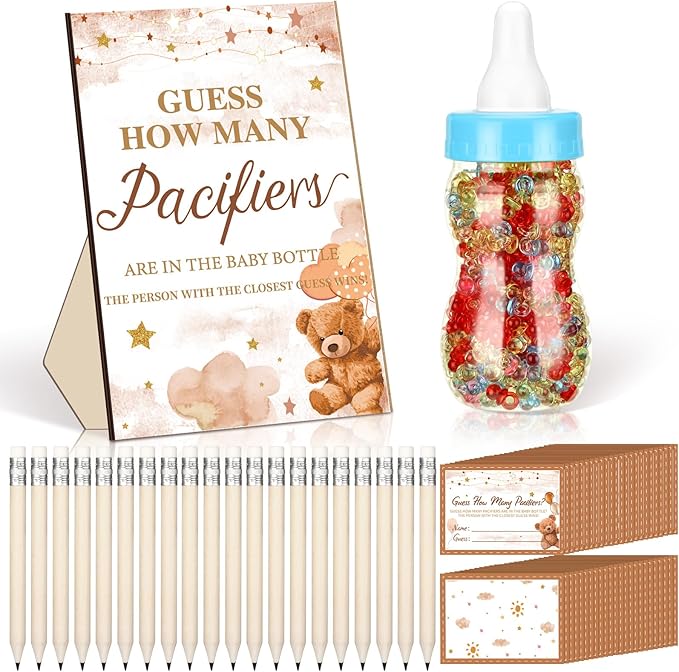 Syhood Brown Bear Baby Shower Games Guess How Many Pacifiers Game Sign 50 Small Guessing Games 20 HB Pencils 750 ml Milk Bottle 400 Acrylic Pacifiers Decorations Guests Gender Reveal Party Favors