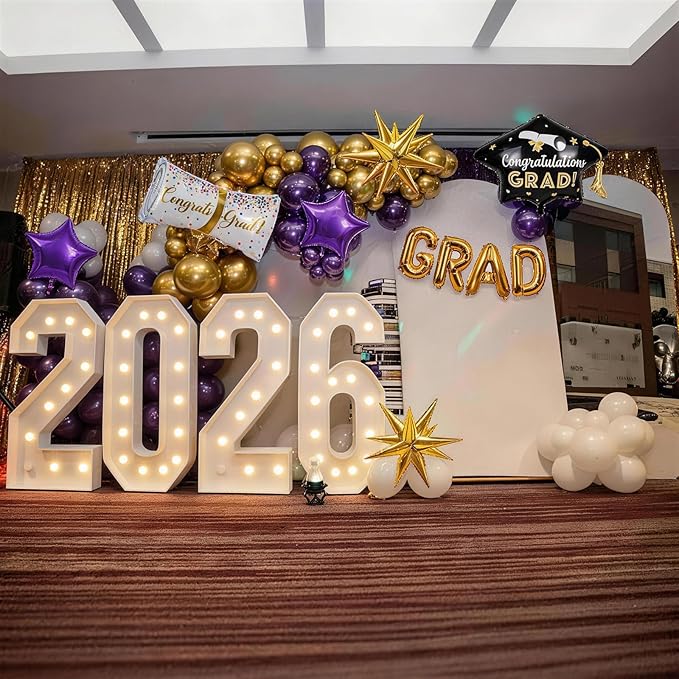 Purple Graduation Balloons Garland Arch Kit, 115 PCS Purple Gold White Graduation Star Print Certificate Grad Foil Balloons with Gold Explosion Star Balloon for Graduate Class of 2026 Prom Party Decor