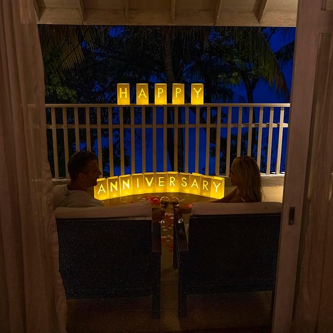 Happy Anniversary Decorations Light up Letters with 30 Tea Lights Candles and 2000 Rose Petals Included - Luminary Paper Bags to be Used as Happy Anniversary Banner and Anniversary Decorations