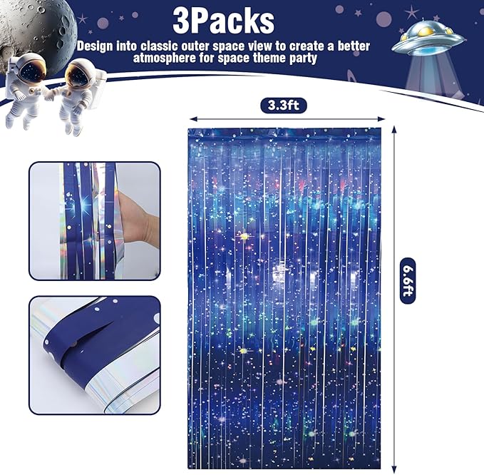 6 PCS Galaxy Foil Curtains Backdrop for Space Themed Party Decorations, 3.3 x 6.6 ft Blue Iridescent Tinsel Curtains, Foil Fringe for Photo Booth, Outer Space Birthday or Alien Party