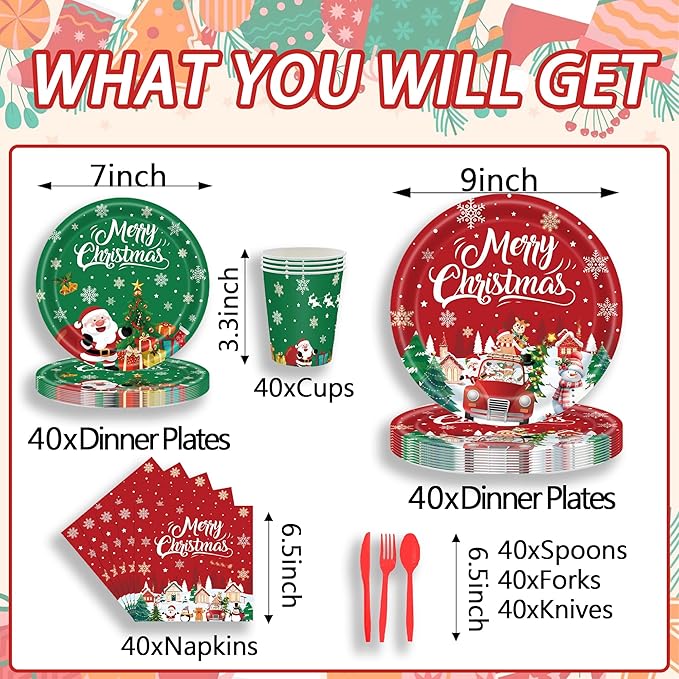 Christmas Party Supplies Set, Chris Theme 280 Pieces with Plates, Napkins, Cups and Tableware for 40 Guest Red and Green Design for Party