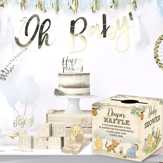 Winnie Baby Shower Decorations, Pooh Party Decorations, The Pooh Baby Shower Games, Winnie Diaper Raffle Box with 50Pcs Cards，Newborn Party Favors Boys and Girls First Birthday Supplies