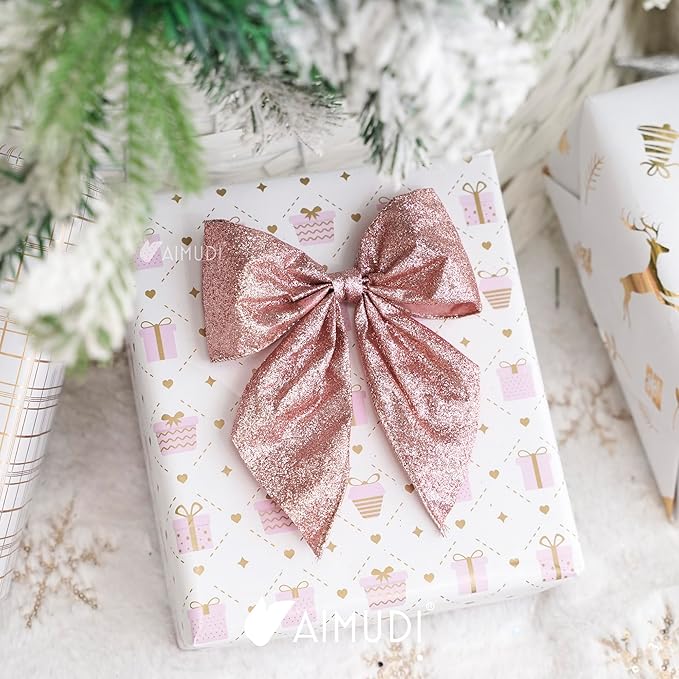 AIMUDI Rose Gold Glitter Wired Ribbon Bows with Twist Tie 5.5" Premade Metallic Christmas Bows for Gift Wrapping, Wreath, Garland, Holiday Crafts Party Home Outdoor Christmas Tree Decorations, 12 PCs