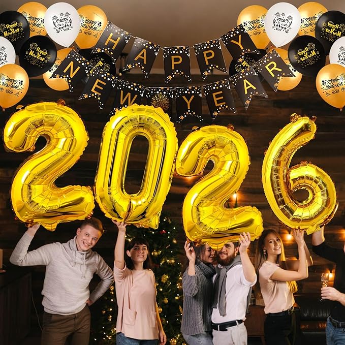 Happy New Year Party Decorations Supplies 2026- Hats, Banner, Glasses, Foil Balloon and Fringe Curtains, New Years Eve Black and Gold Party Decorations