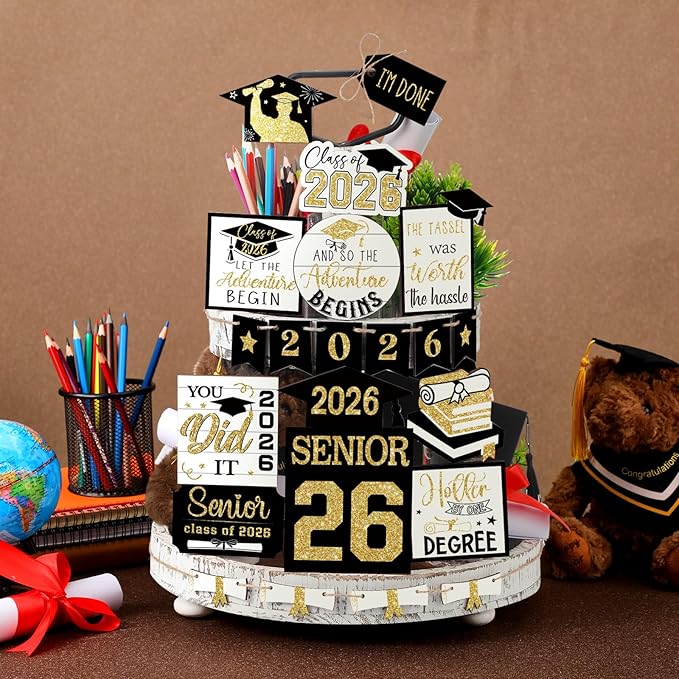 22 Pcs 2026 Graduation Tiered Tray Decor Sets Wooden Graduation Class of 2026 Table Decorations Senior 2026 Gown Diploma Farmhouse Signs for Home Shelf Party Office Desk(Black Gold)