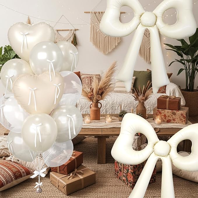 Cream Heart Balloons, 38 Inch Bow Balloons, Double Stuffed Pearl White Balloon with Bow Ribbons for Neutral Birthday Anniversary Wedding Bridal Baby Shower Valentines Day Decorations