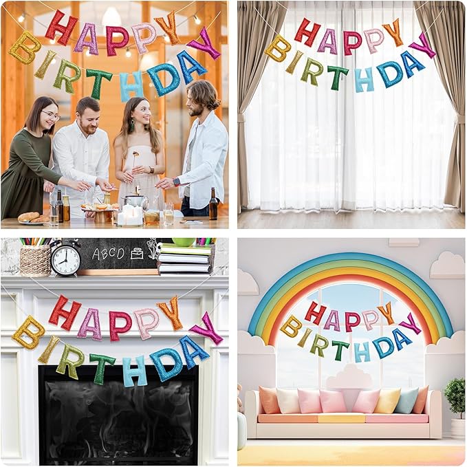 Tegeme Felt Happy Birthday Banner, Pre-strung Glitter Happy Birthday Garland Reusable Colorful Rainbow Decoration for Woman, Man Party Photo Prop(Classic,Yellow-green)