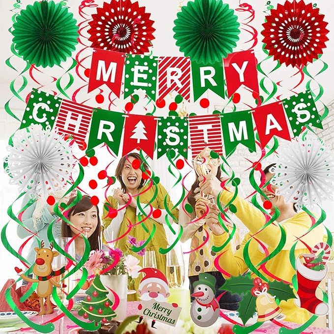FECEDY Merry Christmas Banner Paper Fan Flower Circle Confetti Dots Hanging Garlandand Swirl Streamers Christmas Tree Christmas Snowman God Tang for Christmas Party Decoration