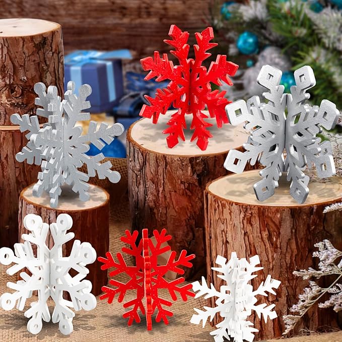 OuMuaMua Winter Christmas Centerpiece Table Decorations - 12pcs Wooden Snowflakes Decor 3D Red White Snowflake Tabletop Decor Snowflake Centerpiece for Xmas Holiday Tiered Tray Winter Farmhouse Decor