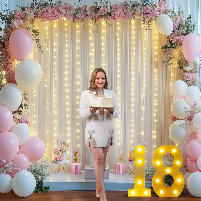10x10FT White Wrinkle Free Backdrop Curtains with Lights String for Parties - Photo Curtain Backdrop with Lights for Wedding Decorations, Bridal Baby Shower Birthday Party Photography Background