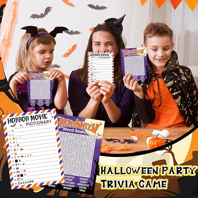COCHIE 30 Players Halloween Party Games for Adults Family Office Large Groups, Horror Movie Name Pictionary Game, Guesstures Game, Word Search Games with Answer Key (Halloween Purple)