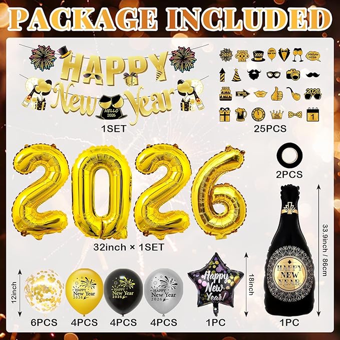Happy New Year Party Decorations Supplies 2026- Hats, Banner, Glasses, Foil Balloon and Fringe Curtains, New Years Eve Black and Gold Party Decorations