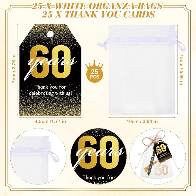 Spakon 25 Set 60th Birthday Party Favor for Guest Anniversary Party Favor Golden Birthday Bookmark Thanks for Coming Pen with Tag Appreciation Gifts for Women Men Wedding New Year