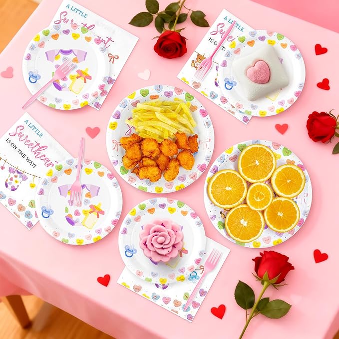 A Little Sweetheart Is On The Way Baby Shower Party Plates Supplies - Serves 24-96Pcs Conversation Heart Tableware Decoration Disposable Paper Plates Napkin Fork for Birthday