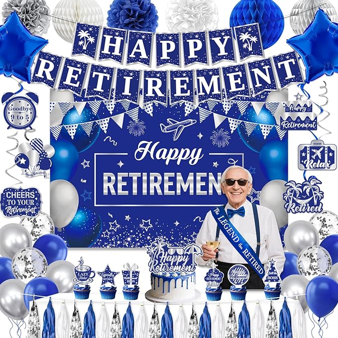 Retirement Party Decorations, Blue Silver Retirement Decorations for Men Women Including Tassel Garland Banner HAPPY RETIREMENT Banner Backdrop Sash Hanging Swirl Balloons Honeycomb Ball Cake Toppers