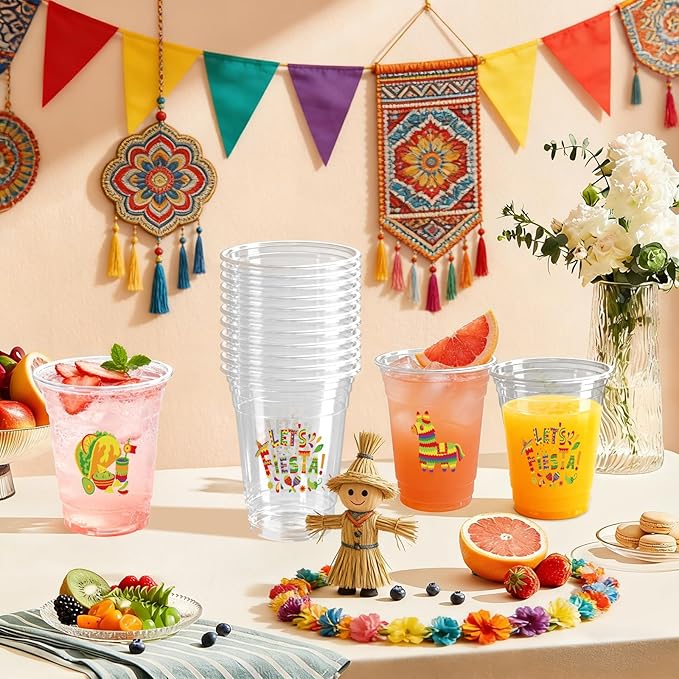 100 Pack Fiesta Plastic Cups 12 oz Mexican Cinco De Mayo Disposable Cups Mexican Party Favor Drinking Beverage Cup for Taco Birthday Hispanic Heritage Month Party Supplies