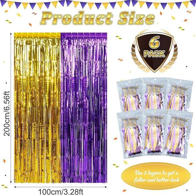 6Pack 3.3Ft x 6.6Ft Graduation Foil Fringe Curtain Backdrop Decorations, Purple Gold Metallic Tinsel Foil Streamers Curtain Photo Booth Background for Graduation Prom Wedding Birthday Party Decoration