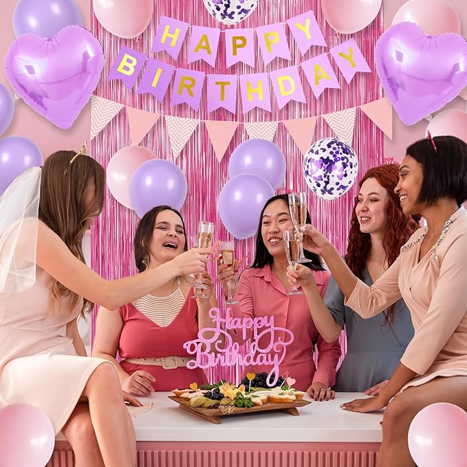 Pink Purple Birthday Decorations for Girls,Happy Birthday Party Decorations for Women,Pink Fringe Curtain Happy Birthday Banner Confetti Balloons Purple Heart Foil Balloons for Birthday Princess Party