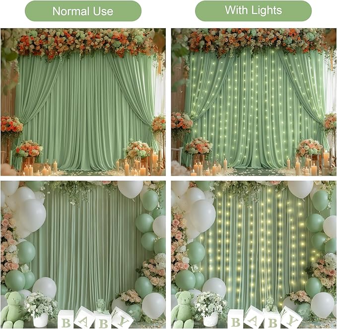 20x10FT Sage Green Backdrop Curtains with Lights for Parties,Wrinkle Free Wedding Photo Backdrop Curtains for Baby Shower Birthday Ceremony Reception Home Party Decorations-5ft x 10ft,4 Panels