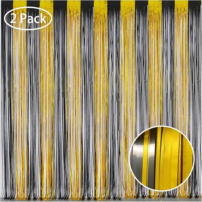Melsan Black and Gold Fringe Curtain Photo Streamers Backdrop 3.2ft X 8ft for New Years EVE, Graduation, Retirement and Birthday Party Decorations - Pack of 2