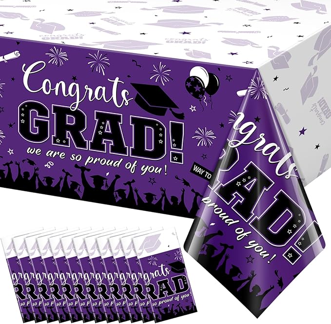 12Pack Graduation Tablecloth Party Decorations, Class of 2026 Congrats Grad Plastic Tablecover Party Supplies, Purple Rectangle Graduation Table Decorations for College High School Party, 54 x 108Inch