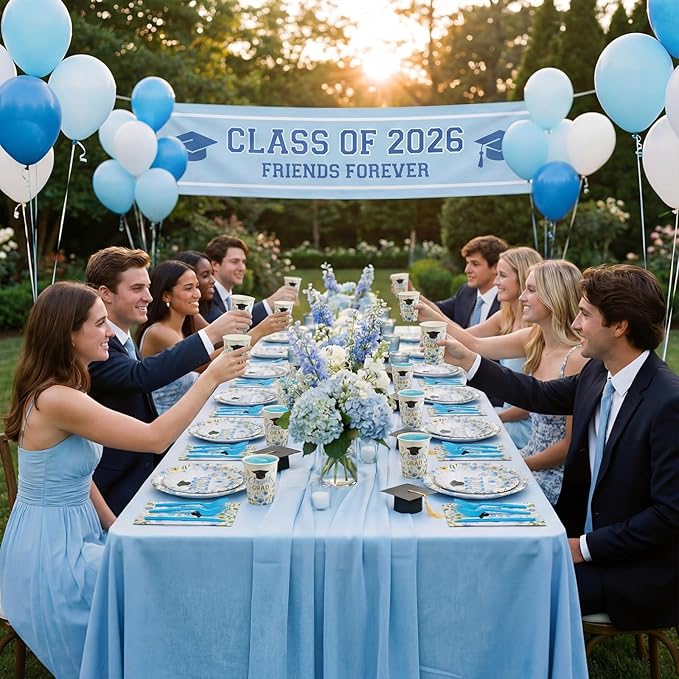 400 Pcs Class of 2026 Blue Floral Graduation Decoration for 50 Guests, Light Blue Gold Flower Graduation Paper Plates Napkins Cups Cutlery Grad Tableware for 2026 Congrats Grad Party Supply