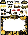 New Years Eve Party Supplies 2026 - NYE Photo Booth Props Kit with Glitter Photo Frame, 2026 Glasses & Mustache (Pack of 19)