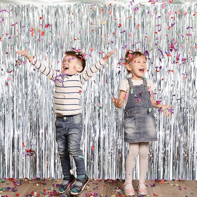 GOER 3.2 ft x 8.2 ft Metallic Tinsel Foil Fringe Curtains,Party Streamer Backdrop for Birthday,Graduation Decorations and New Year Eve (Silver,2 Packs)