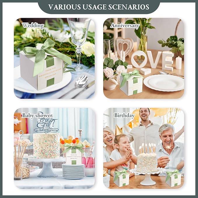 Marspark 50 Pcs Wedding Favor Boxes, 2.5 x 2.5 x 2.5 Inch Wedding Party Candy Boxes with Green Ribbons Bridal Gift for Guests Bridal Shower Birthday Party Anniversary Supplies