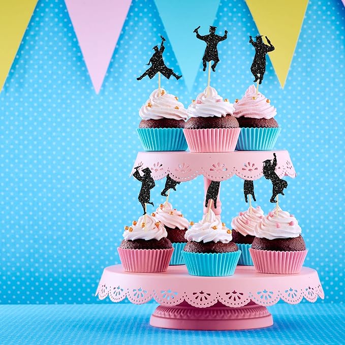 Gyufise 24Pcs 2026 Graduation Cupcake Toppers Black Glitter Class of 2026 Boys Girls Graduation Cap Cupcake Picks for 2026 Grad Theme Party Cake Decorations Supplies