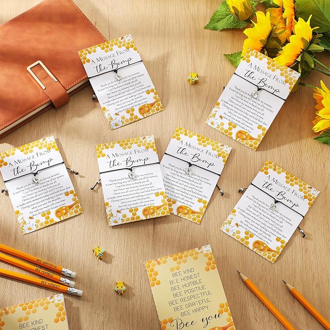 Thyle 50 Set Bee Baby Shower Favors for Guests Adjustable Bracelets with Message from the Bump Card Footprints Charm Baby Shower Bracelets for Gender Reveal Thank You Gifts