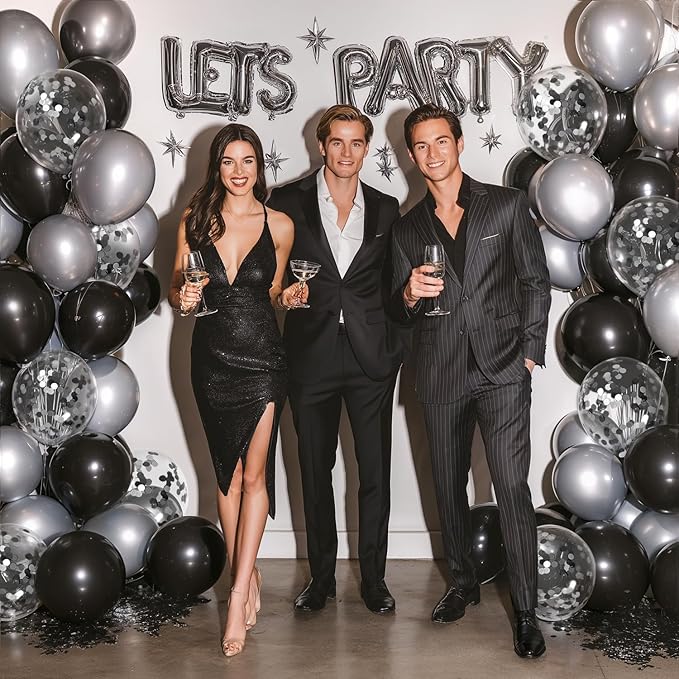 Black and Silver Confetti Balloons, 60pcs 12 inch Silver Metallic Chrome Latex Balloons and Black Latex Balloons for Birthday Wedding and Graduation Party Decorations