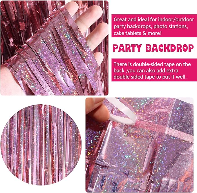 2 Pack Pink Birthday Decoration, Party Fringe Backdrop Decor Tinsel Foil Curtain Door Backdrop Banner Photo Booth Streamer for Birthday Wedding Baby Shower Bachelorette Disco Party Engagement
