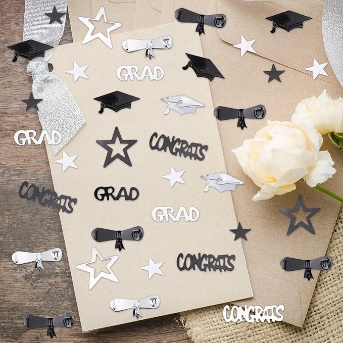 Silver and Black Graduation Confetti 2026, 1000 Pcs Congrats Grad Confetti Class of 2026 Party Table Centerpiece for 2026 Graduation Party Decorations