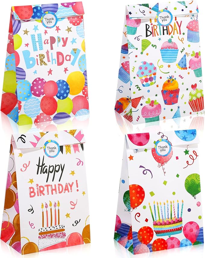 Chrisfall 24 Pieces Birthday Gift Bag Birthday Party Favor Gift Bags Goodie Bags with Seal Stickers Birthday Party Candy Bags Party Supplies