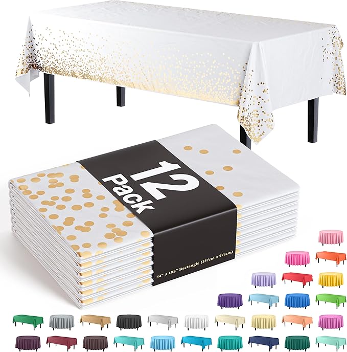 Exquisite 12-Pack Premium Plastic Tablecloth Black & Gold Dot Rectangular Plastic Tablecloth - 54x108 Inch, Pack of 12