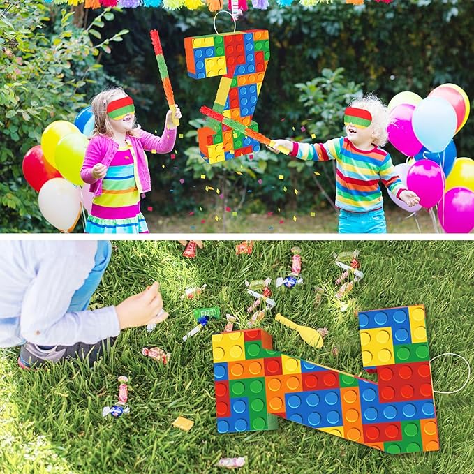 Number 7 Pinata Building Blocks with Pinata Stick Blindfold 7th Birthday Party Decorations Happy Birthday Building Block Theme Anniversary Party Supplies for Kids (Small, 16 x 10.6 x 3 in)