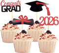 2026 Graduation Cupcake Toppers, 48 PCS Food/Appetizer Picks For Graduation Party Mini Cake Decorations, Diploma, 2026, Grad Cap Set 48 Pieces (03 Red)